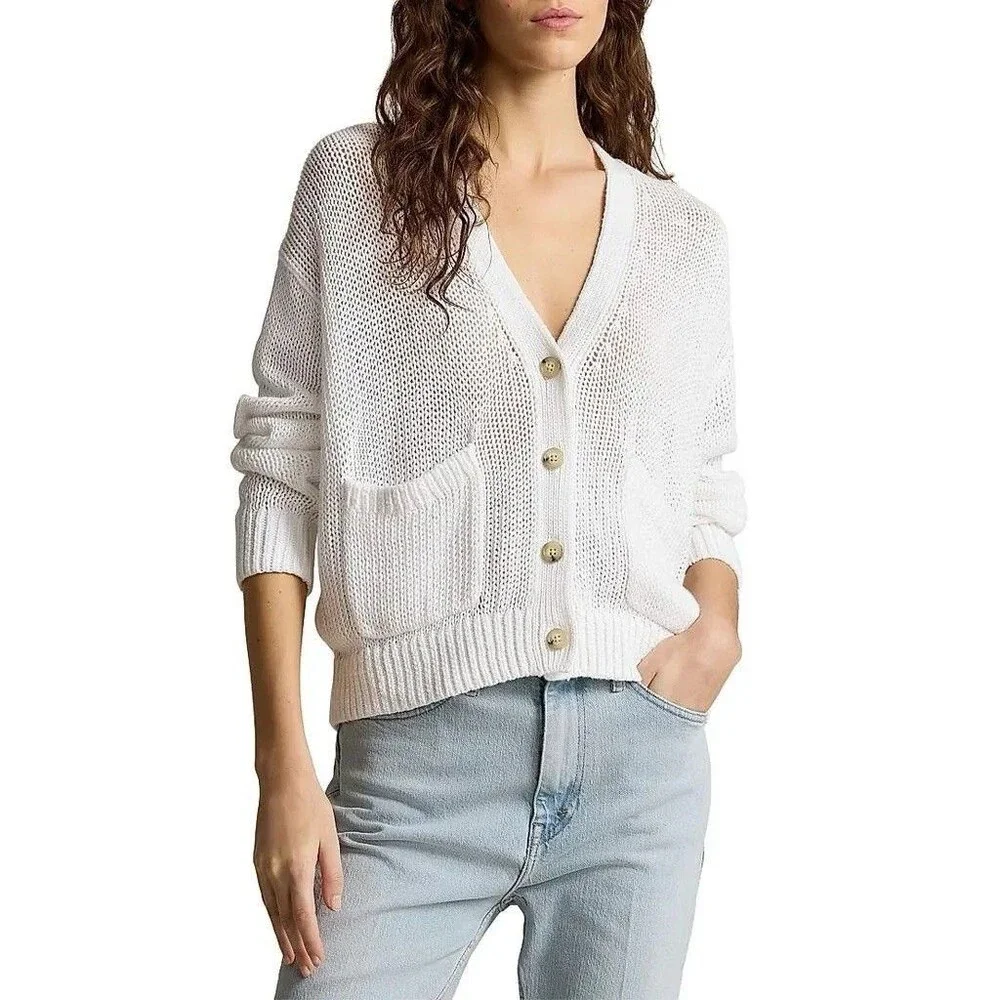 Polo Ralph Lauren Women’s Linen-Cotton V-Neck White Cardigan Sz Medium NWT